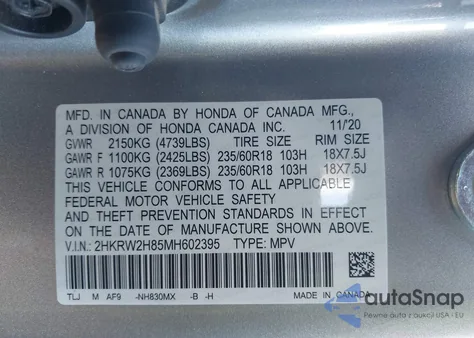 2021 Honda Cr-V Awd Ex-L из США, поврежденный, VIN 2HKRW2H85MH602395